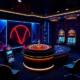 A modern online casino interface with sleek design, featuring a virtual roulette wheel, slot machines, and card tables on a dark background with neon blue and gold accents, subtle glowing effects, and a luxurious feel, no text or logos visible