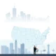 A modern American city skyline with diverse business buildings, a small startup office with a team collaborating, a map of the United States highlighting business-friendly states like Texas, Florida, and Nevada with subtle icons of growth (upward arrows, dollar signs abstracted as shapes), professional and optimistic atmosphere, clean lines, high detail, suitable for a business advice article