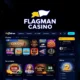 A modern online casino interface with sleek design, featuring the Flagman Casino logo prominently displayed, vibrant game thumbnails (slots, live dealer, table games), glowing neon accents in blue and gold, a user dashboard showing bonuses and recent wins, subtle animated elements like spinning reels and chip animations, set against a dark futuristic background with soft light flares, high detail, professional UI/UX aesthetic