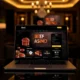 A modern, sleek casino website interface for 'Beef Casino' with a dark theme, golden accents, and subtle beef-themed design elements like stylized steak patterns or meat texture backgrounds, displayed on a laptop screen in a luxurious lounge setting with soft ambient lighting, no text visible on the screen, no logos, no buttons with readable labels, no digits or letters anywhere in the image