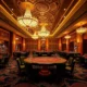 A luxurious casino interior with golden accents, elegant chandeliers, velvet ropes, and a high-stakes poker table under soft ambient lighting, featuring subtle Russian-inspired decorative elements like matryoshka patterns in the carpet and faint Cyrillic script on the walls, evoking the atmosphere of Irwin Casino, no visible text or numbers