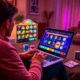 A person sitting at a modern laptop, playing an online casino game with colorful slot machine graphics on the screen, chips and cards nearby, soft ambient lighting, cozy home environment
