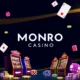 A modern online casino interface with sleek design, featuring the Monro Casino logo, vibrant slot machine icons, playing cards, and digital chips on a dark blue and gold background, conveying luxury and excitement, no text visible except the logo