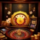 A luxurious online casino interface with golden accents, playing cards, roulette wheel, and glowing slot machine symbols, elegant and modern design, high detail, premium feel