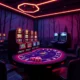 A modern online casino interface with vibrant neon accents, featuring slot machines, card tables, and digital chips glowing in dark mode, with subtle Russian-themed decorative elements like matryoshka patterns and birch tree silhouettes in the background, sleek and futuristic design, high detail, no text or logos visible