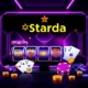 A modern online casino interface with sleek design, featuring the Starda Casino logo, vibrant slot machine icons, playing cards, and digital chips, set against a dark futuristic background with neon accents in purple and gold, conveying luxury and excitement, no text visible on screen elements