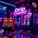 A modern online casino interface with vibrant neon lights, digital slot machines, playing cards, and chips floating in a futuristic dark-themed environment, suggesting the concept of 'Drip Casino' as a stylish, high-end gambling platform, no text or logos visible
