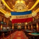 A luxurious casino interior with golden accents, elegant chandeliers, velvet ropes, and a prominent display of a flag bearing the word 'Флагман' in Cyrillic script, subtly integrated into the decor — no visible text on walls or signs, only the flag's design implies the name, sophisticated lighting, high-end gambling tables with chips and cards, ambient luxury atmosphere
