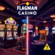A balanced visual representation of pros and cons of Flagman Casino, showing on one side positive elements like winning slot machines, happy players, and luxurious interior, and on the other side negative elements like lost money, concerned expressions, and warning symbols, all in a clean, modern split-screen design with subtle casino-themed colors