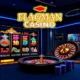 A modern online casino interface showing the Flagman Casino logo, vibrant slot machine reels with colorful symbols, a digital roulette wheel spinning, and chips stacked on a virtual table, all in a sleek, high-tech design with glowing accents and a dark blue and gold color scheme, conveying excitement and sophistication