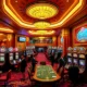 A luxurious casino interior with elegant lighting, golden accents, and a vibrant atmosphere, featuring a flagship-style gaming area with slot machines, card tables, and patrons enjoying themselves in sophisticated attire, conveying prestige and excitement