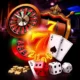 A vibrant collage of five popular online casino games: a spinning roulette wheel, a slot machine with colorful reels showing lucky sevens, a poker table with cards and chips, a blackjack hand with 21, and a dice roll in craps, all arranged dynamically with glowing neon accents and a luxurious casino background, emphasizing excitement and potential winnings