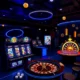 A vibrant online casino scene with a modern digital interface showing slot machines, roulette wheels, and card games on a sleek dark-themed website, glowing neon accents in blue and gold, subtle animated effects like floating chips and sparkling lights, luxurious and immersive atmosphere, high detail, no text or logos visible