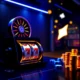 A modern online casino interface with sleek dark theme, glowing neon accents in blue and gold, featuring slot machine reels, poker chips, and a stylized playing card suit (like a spade or diamond) floating subtly in the background, conveying luxury and digital gaming excitement, no text or logos visible