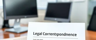 A professional office setting with a desk, computer, and documents labeled 'Legal Correspondence' in Russian, showing contact information such as address, phone number, and email for sending legally significant messages, all in a clean, modern, and formal style