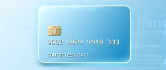 A modern, clean illustration of a debit card with subtle glowing edges, placed on a sleek digital background showing abstract financial data flows and contactless payment symbols, minimalist design, soft blue and white color scheme, no text or numbers visible on the card or background