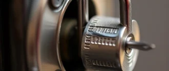 A close-up of a lock being opened with a lockpick set, showing no visible damage or marks on the lock, soft natural lighting, detailed metal textures, shallow depth of field, realistic and clean aesthetic