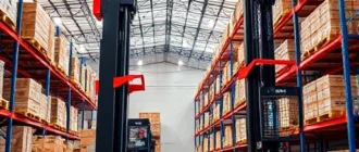 A modern warehouse interior with high ceilings, featuring electric stackers and hydraulic trolleys in operation, organized pallet racks, bright LED lighting, clean concrete floor, professional logistics environment, realistic details, no people visible