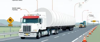 A professional illustration showing oversized cargo transportation rules and requirements: a large truck carrying an exceptionally wide load (like wind turbine blades or industrial equipment) on a highway, with visible warning signs, escort vehicles, measurement markers indicating width/height limits, and regulatory symbols such as traffic cones, flags, and permit documents floating nearby in a clean, informative layout