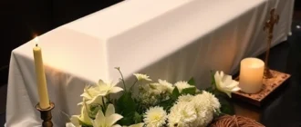 A respectful and solemn arrangement of traditional funeral ritual items including a white cloth-covered coffin, candles, fresh white flowers (such as lilies and chrysanthemums), a small icon or cross, and a woven wreath, placed on a dark wooden table with soft ambient lighting, conveying dignity and peace