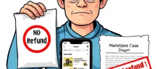 A frustrated person holding a defective product with a 'no refund' sign, a marketplace app interface showing a dispute case, and a legal document with a red stamp indicating rejected refund, in a smallHQ style