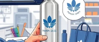A professional illustration showing the process of branding service with logo application: a technician using a laser engraving machine to apply a company logo onto a metal water bottle, with close-up details of the logo being precisely etched, surrounded by branded promotional items like pens, notebooks, and tote bags in a clean, modern workshop setting